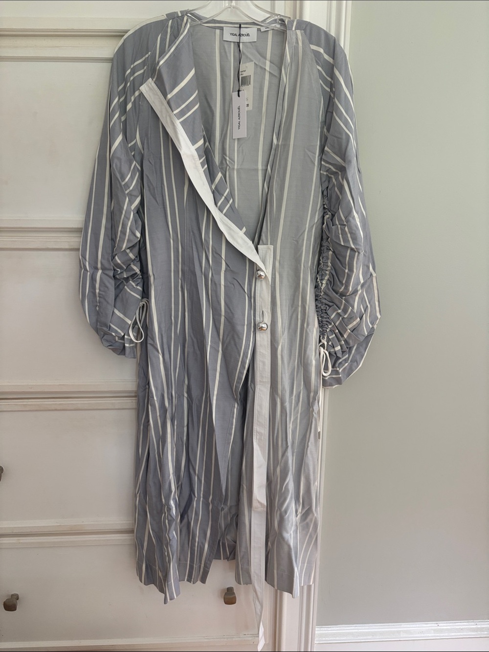 YIGAL AZROUEL Gray and White Vertical Stripe Dress. Size 12 NWT